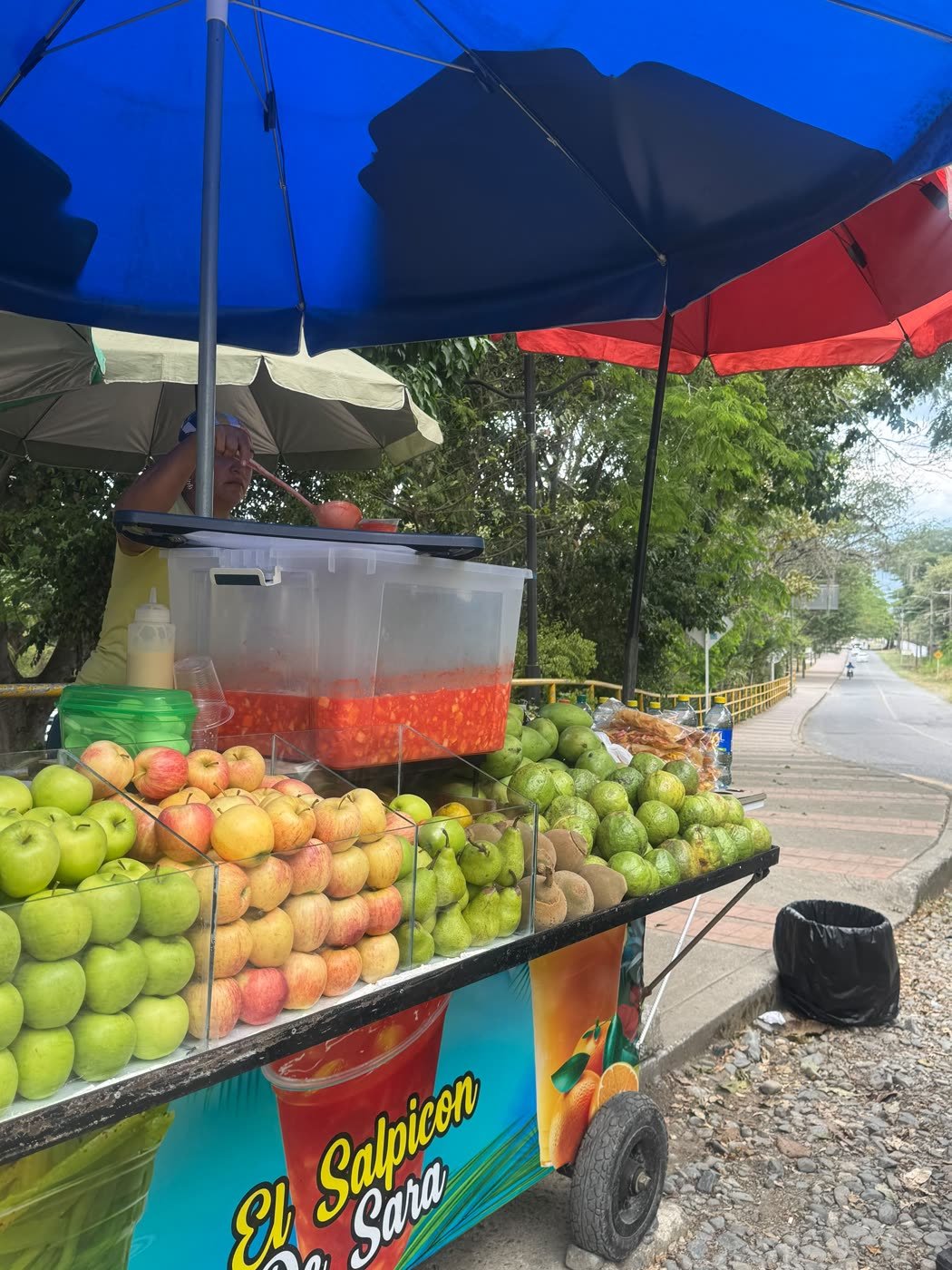 Carrito de salpicón y fruta en el puente del Vergel, en Buga, con manzanas, peras y guayabas
